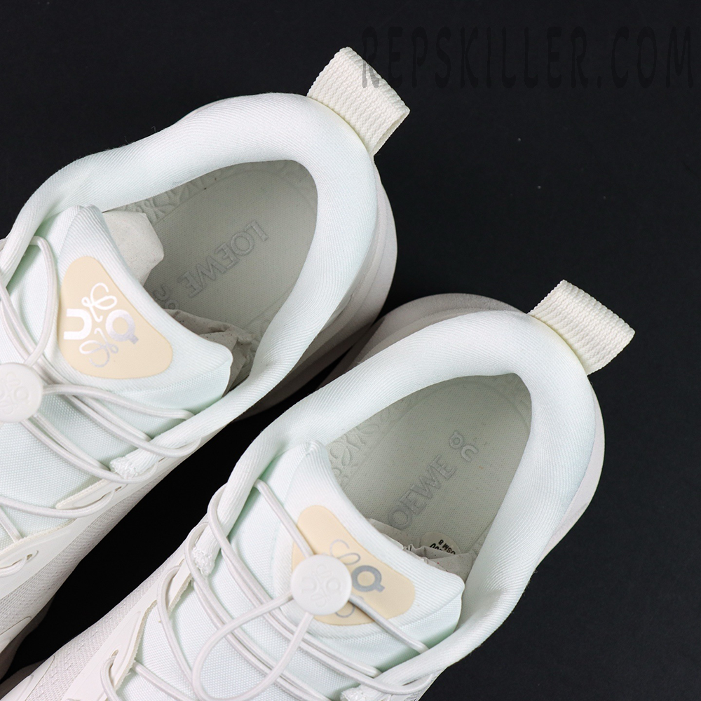 Loewe x ON Cloudsolo white sneakers collar and insole branding close-up