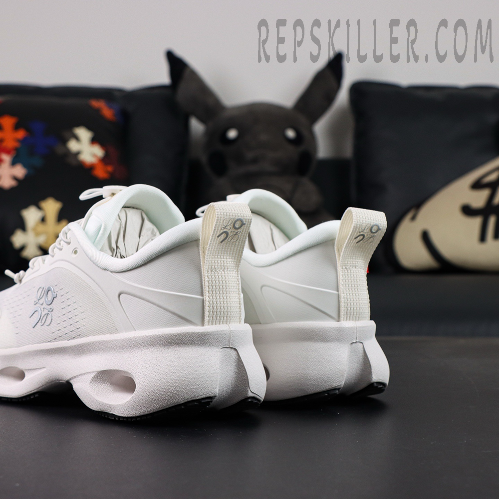 Loewe x ON Cloudsolo white sneakers heel pull tab and midsole detail
