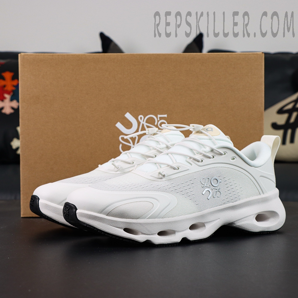 Loewe x ON Cloudsolo white sneakers displayed with original box