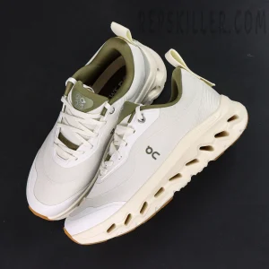 Top-down view of Loewe x ON Cloudtilt 2 White Khaki highlighting lacing system and padded collar