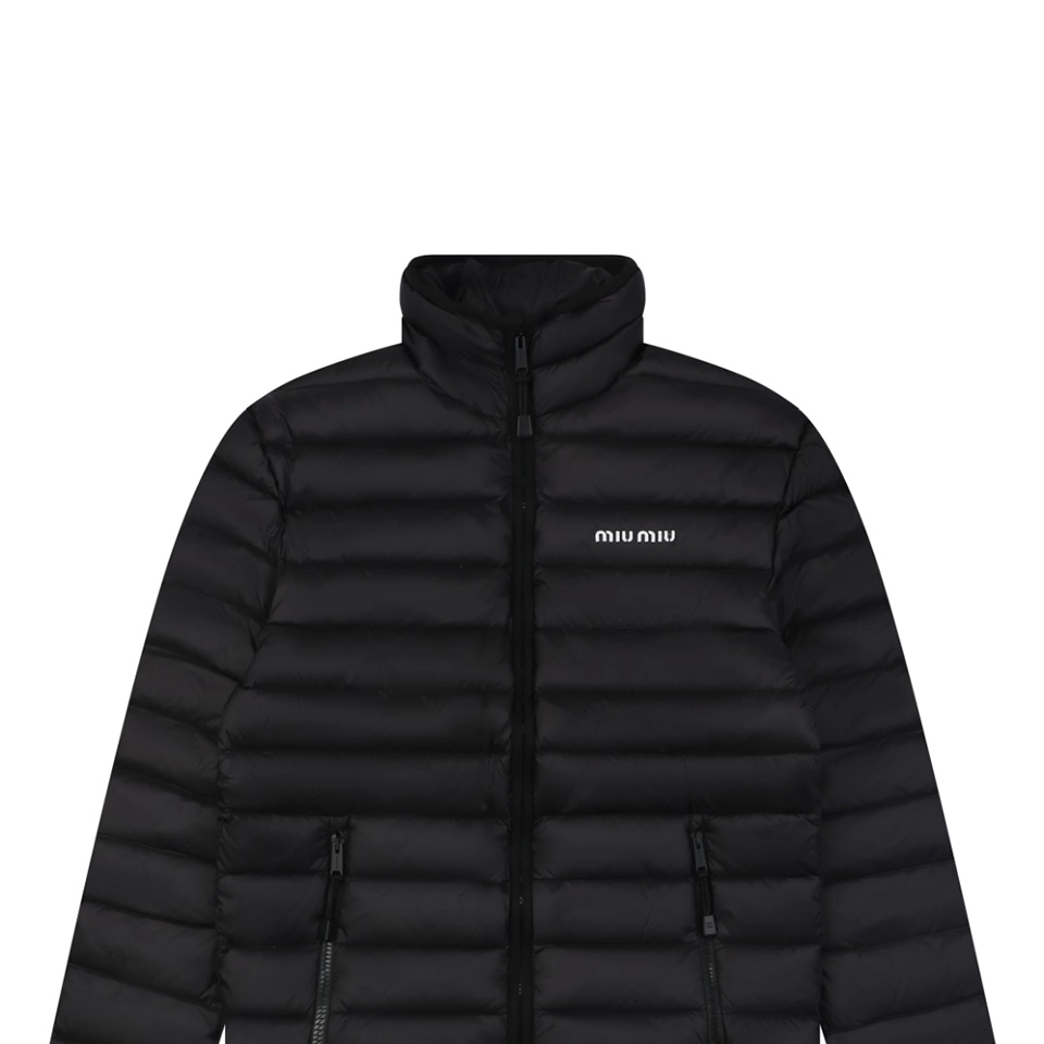 Miu Miu Minimal Logo Stand Collar Quilted Down Jacket Black