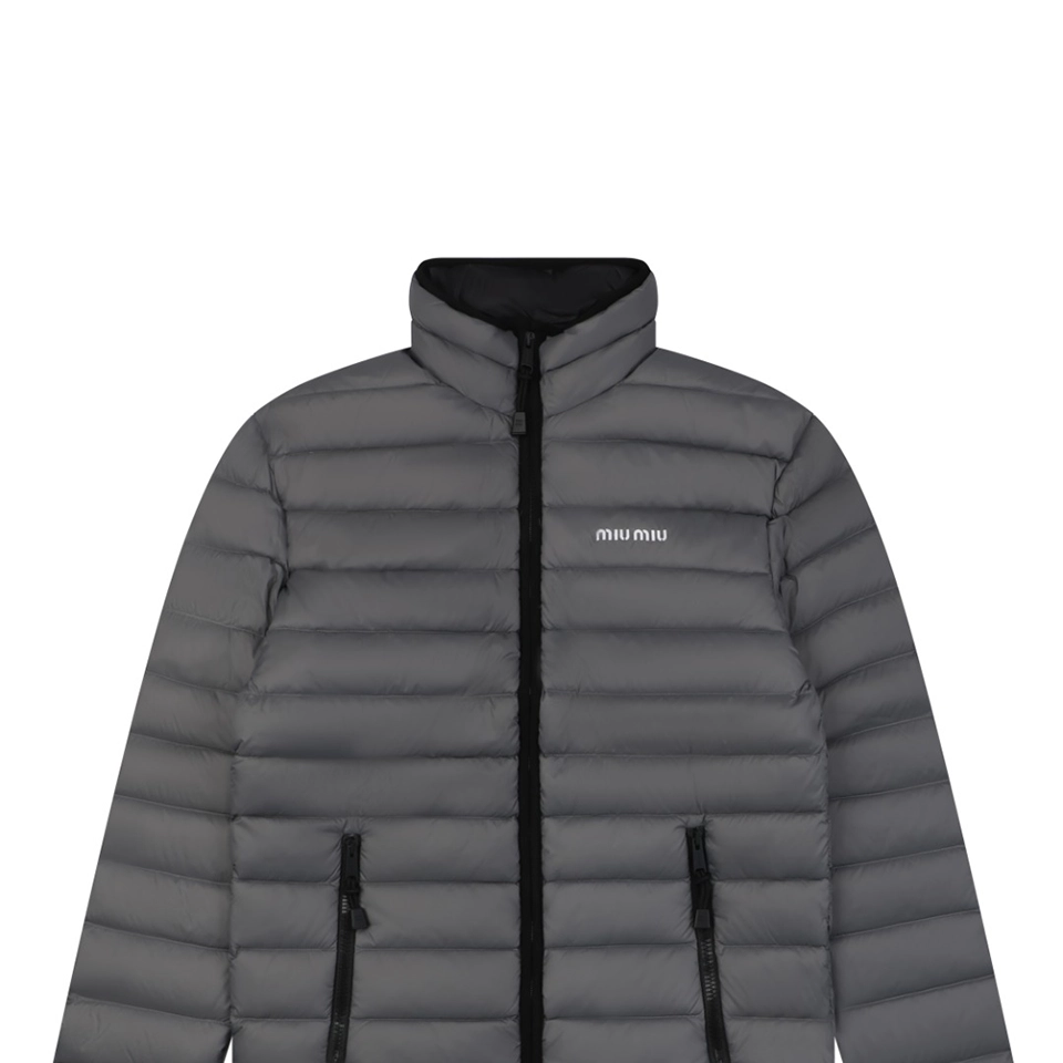 Miu Miu Minimal Logo Stand Collar Quilted Down Jacket Grey