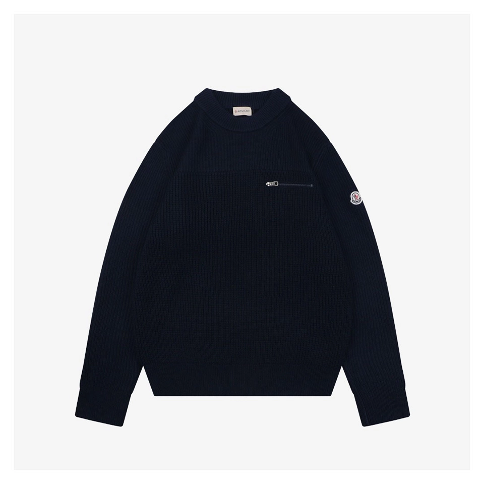 Moncler Arm Patch Zip Pocket Crew Neck Knit Sweater Black