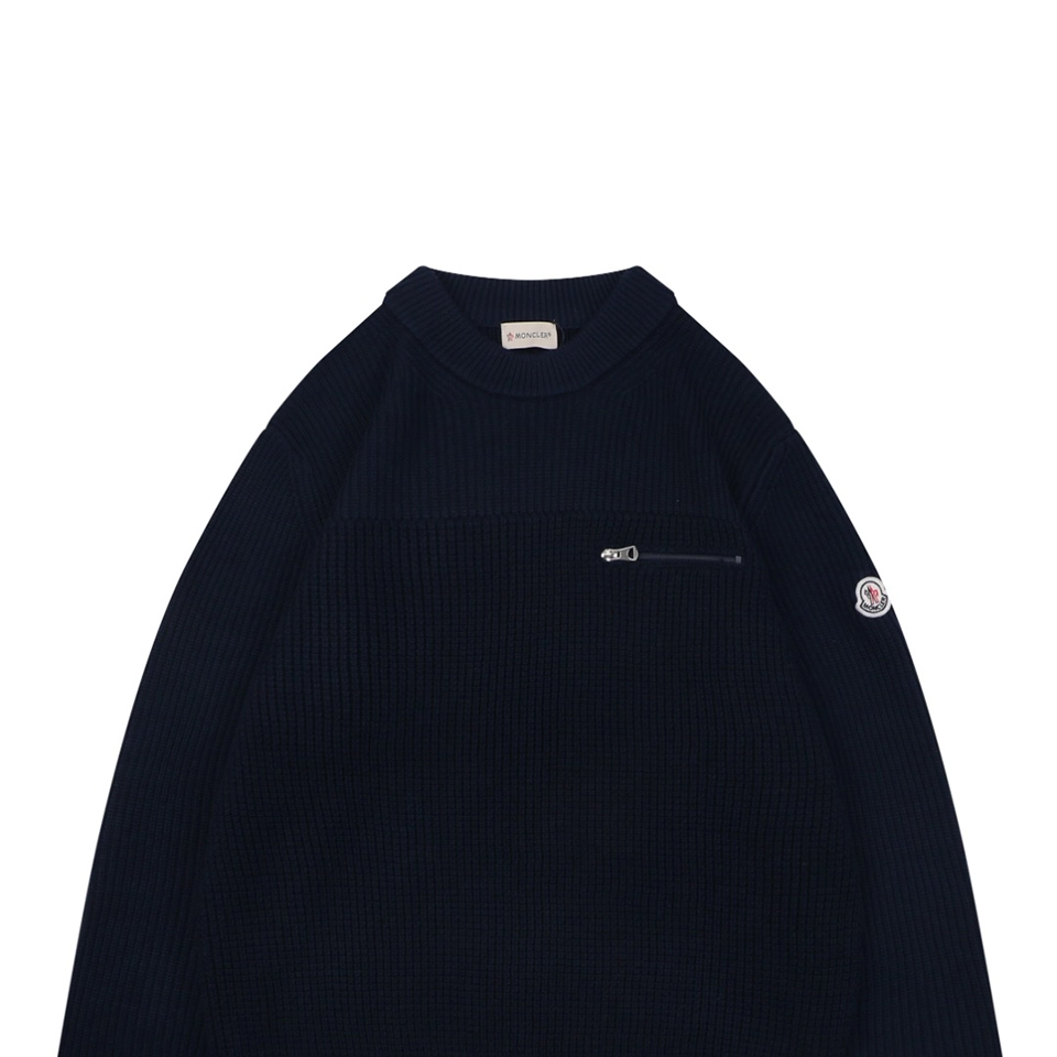Moncler Arm Patch Zip Pocket Crew Neck Knit Sweater Black