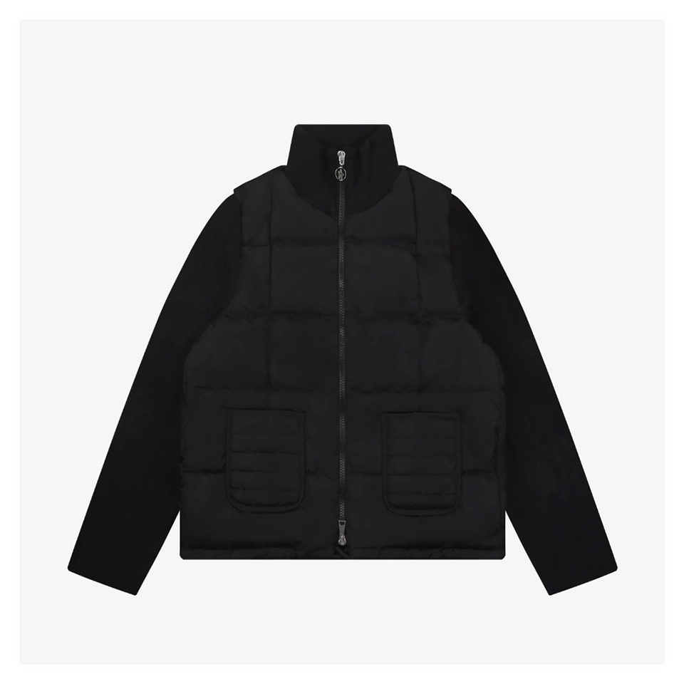 Moncler Quilted Patch Pocket Panelled Down Jacket Black Front view