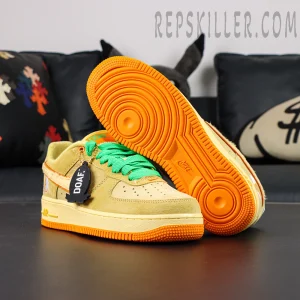 Nike Air Force 1 DOAF Oregon “Duck or Egg” PE overall view with orange outsole and green laces