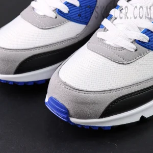 Nike Air Max 90 Hyper Royal close-up of toe box with grey suede and white mesh
