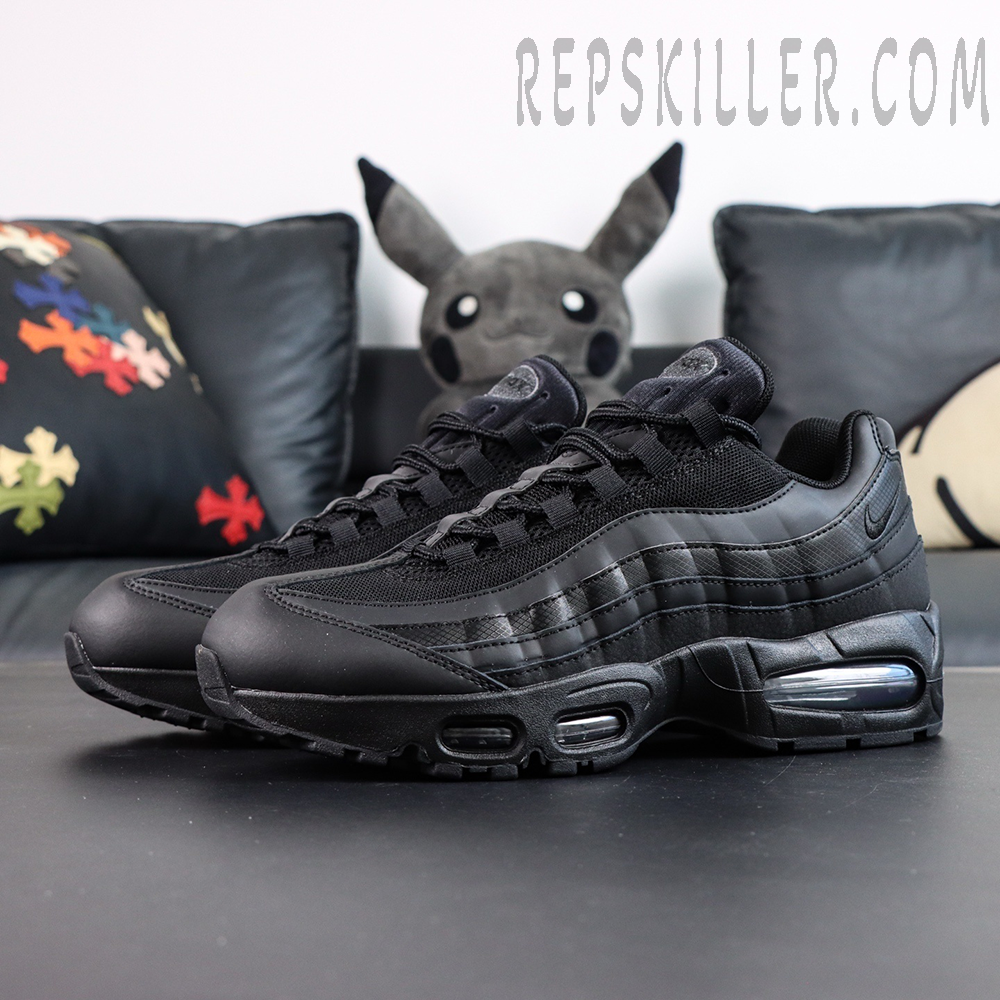 Nike Air Max 95 OG Black Anthracite pair angled front view with monochrome black design