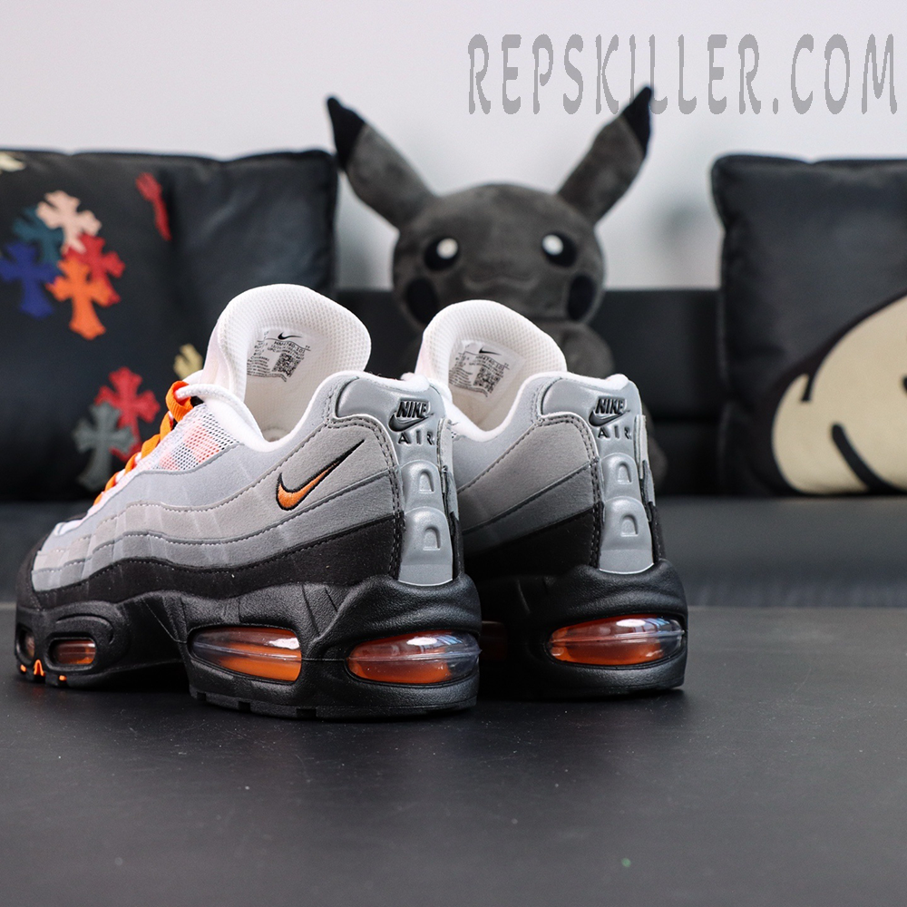 Nike Air Max 95 OG “Bright Mandarin 2.0” back-side view highlighting layered upper design