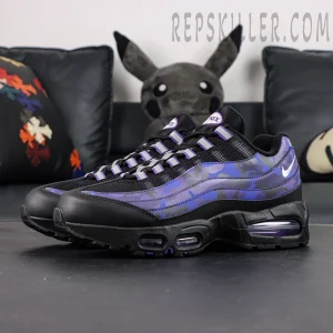 Nike Air Max 95 OG Purple Camo side view with black and purple camo upper and visible Air cushioning