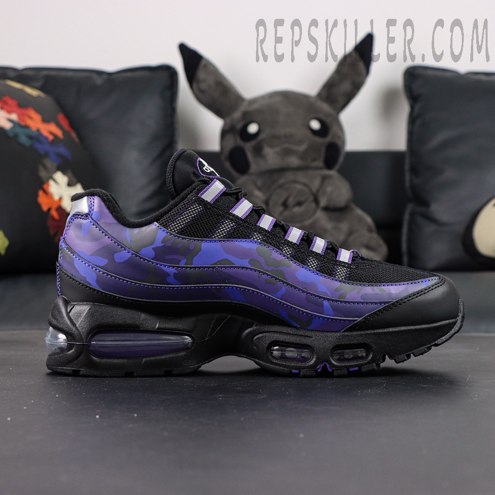Nike Air Max 95 OG Purple Camo single shoe side profile with wavy camo panels