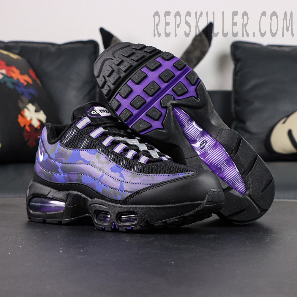 Nike Air Max 95 OG Purple Camo outsole view with purple rubber traction pattern