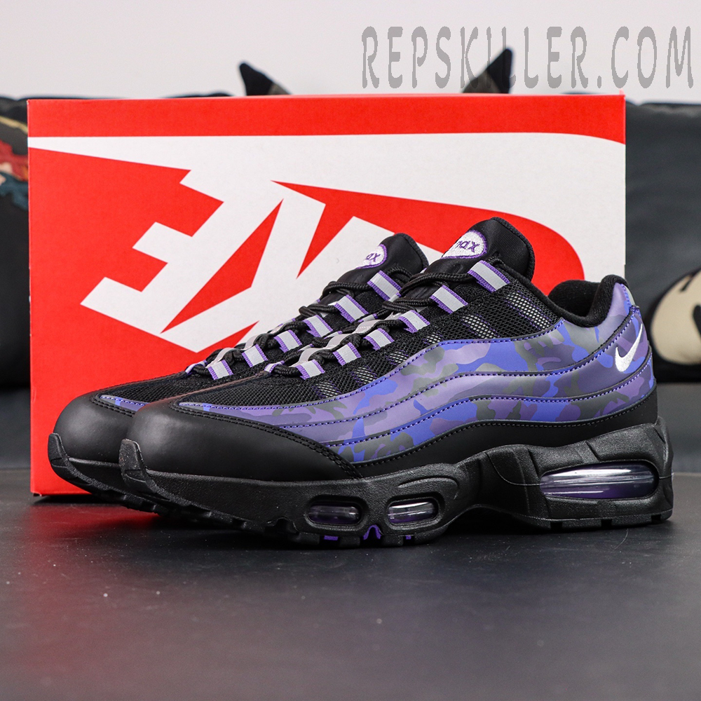 Nike Air Max 95 OG Purple Camo displayed with Nike shoebox, classic Air Max 95 silhouette