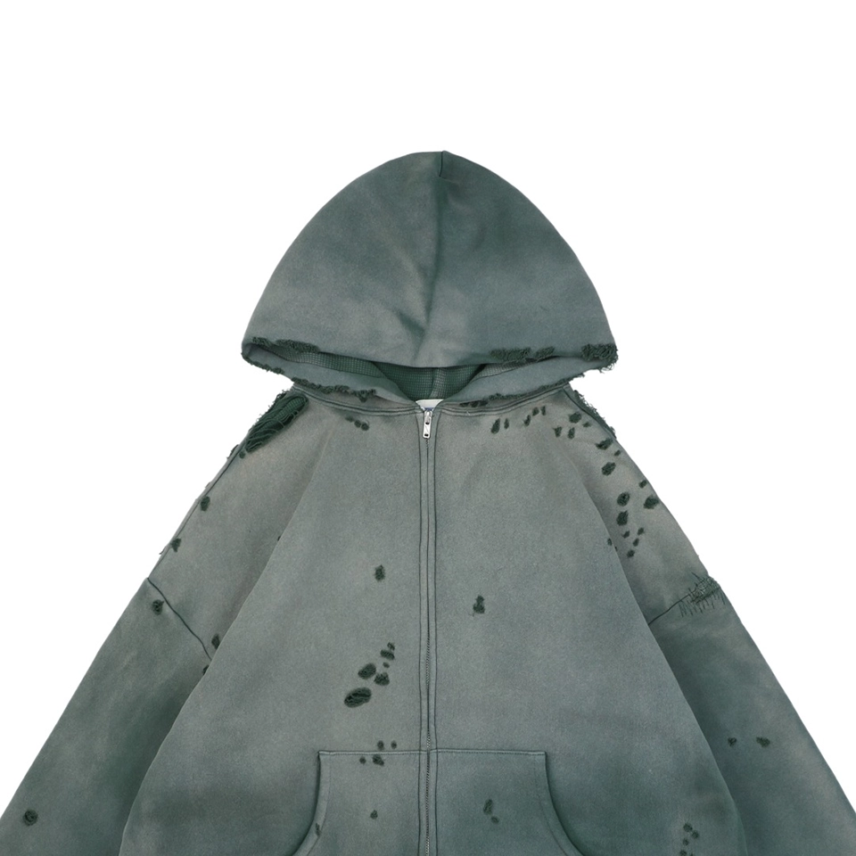 Saint Michael Distressed Double-Layer Waffle Zip Hoodie Green