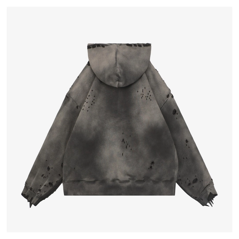 Saint Michael Distressed Double-Layer Waffle Zip Hoodie Grey Back view