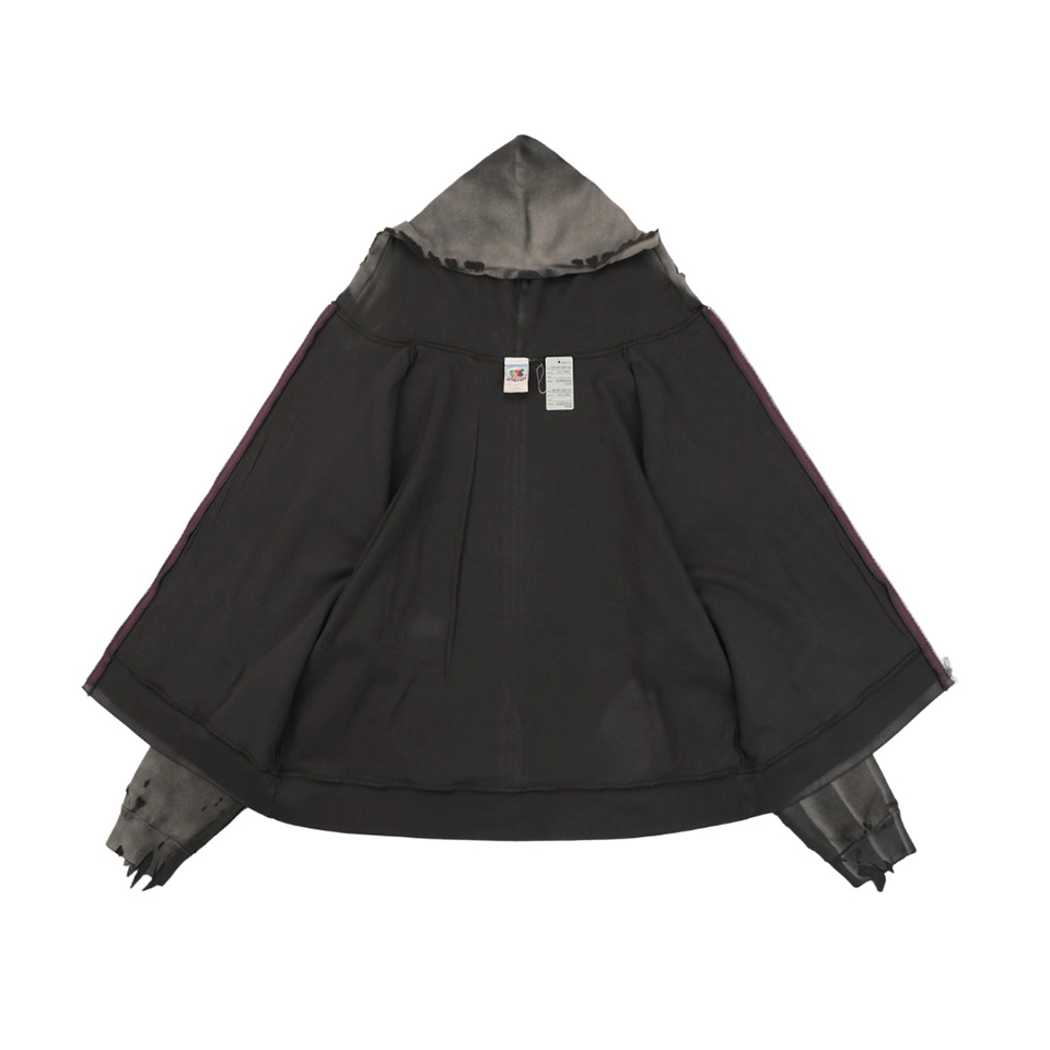 Saint Michael Distressed Double-Layer Waffle Zip Hoodie Grey Lining