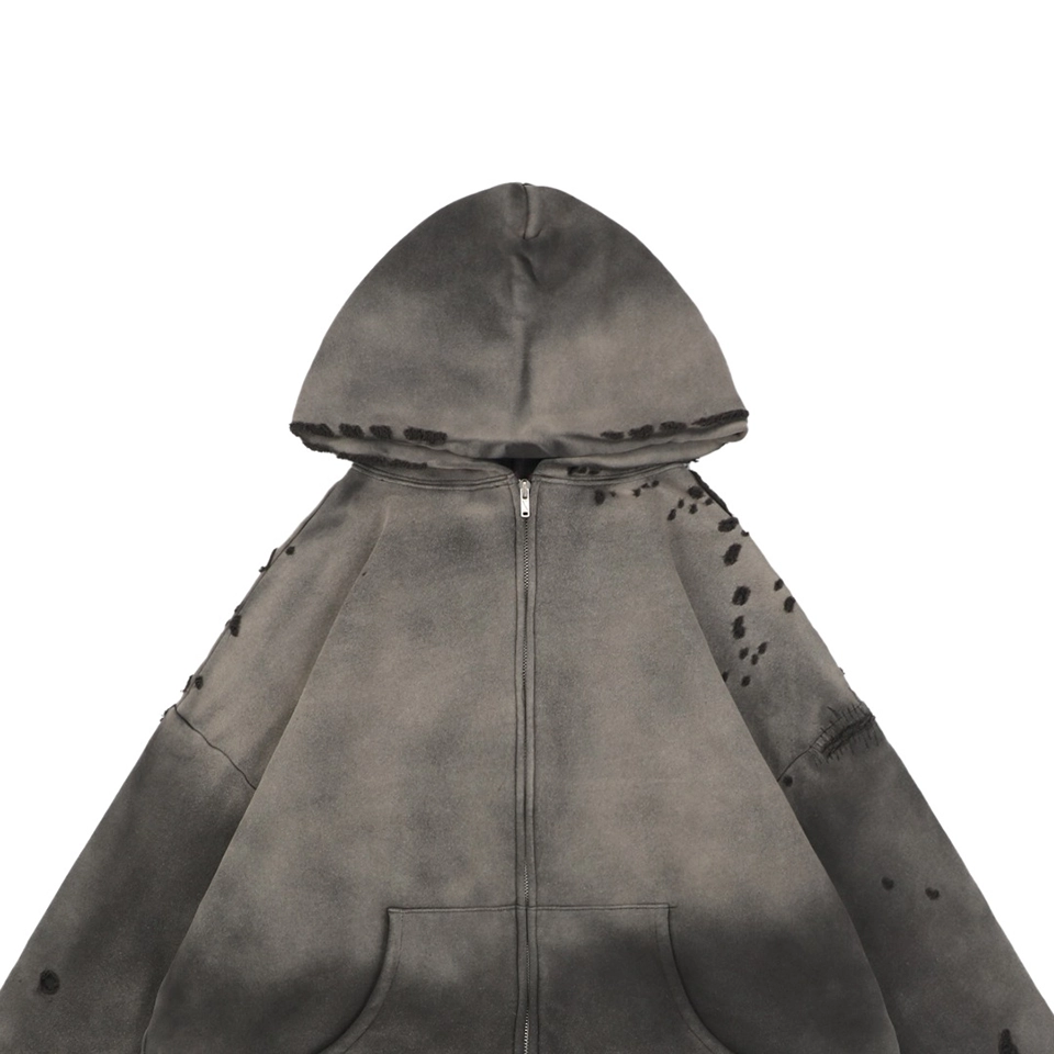 Saint Michael Distressed Double-Layer Waffle Zip Hoodie Grey