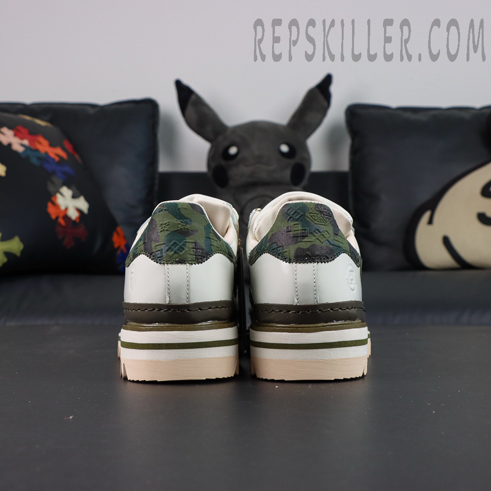 CLOT x BAPE x adidas Superstar “Off White Olive Cargo” sneakers, straight rear view showing camouflage accents and elevated sole