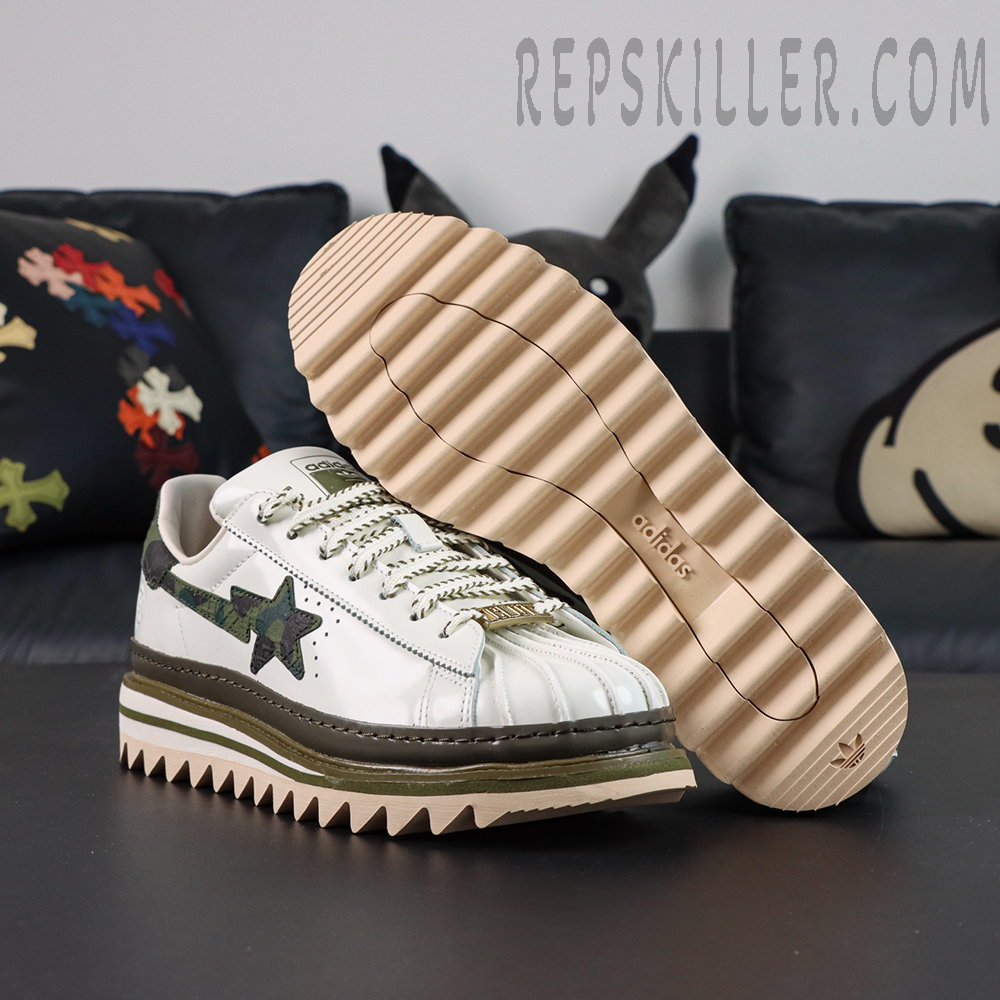 CLOT x BAPE x adidas Superstar “Off White Olive Cargo” sneakers, outsole-up view showing serrated traction pattern and adidas branding