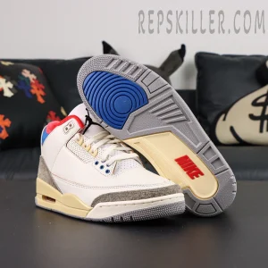 Air Jordan 3 Retro “Seoul 2.0” basketball shoes, outsole-up view with grey rubber outsole and blue traction circle