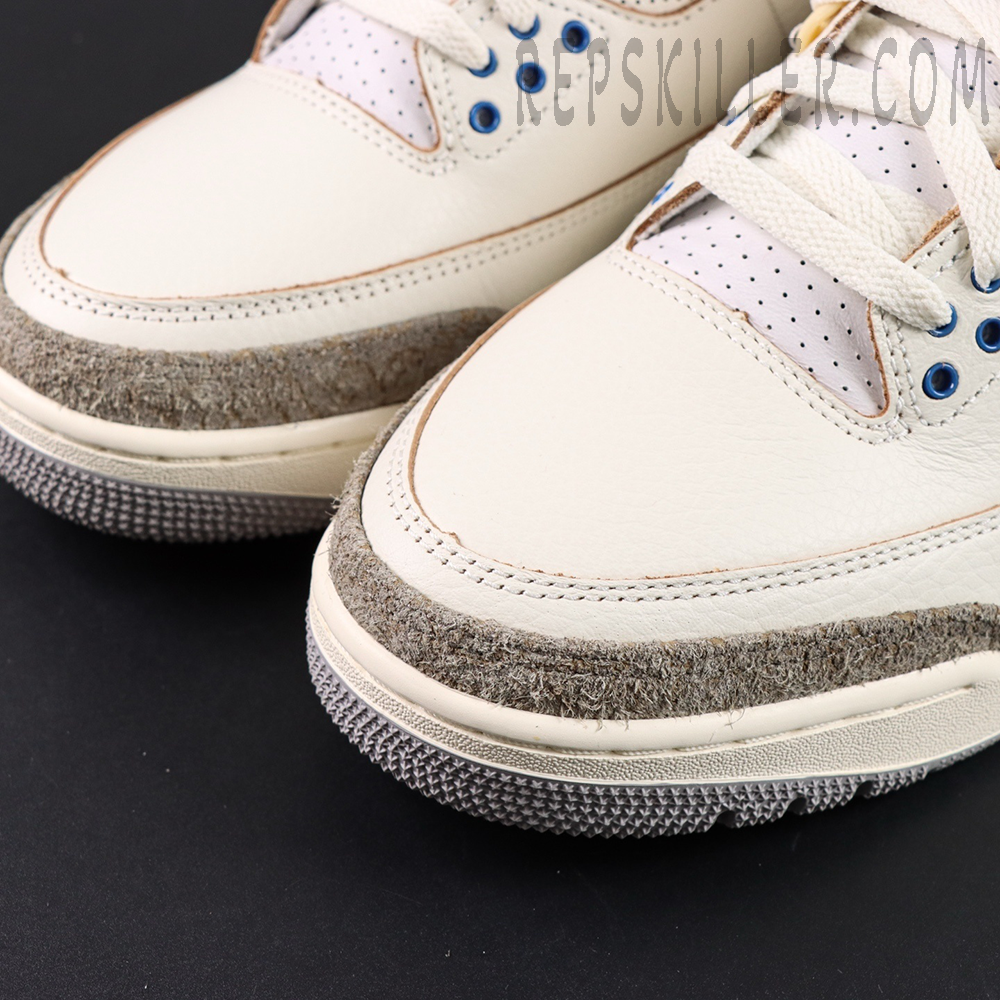 Air Jordan 3 Retro “Seoul 2.0” basketball shoes, toe box close-up showing leather upper and grey suede overlay