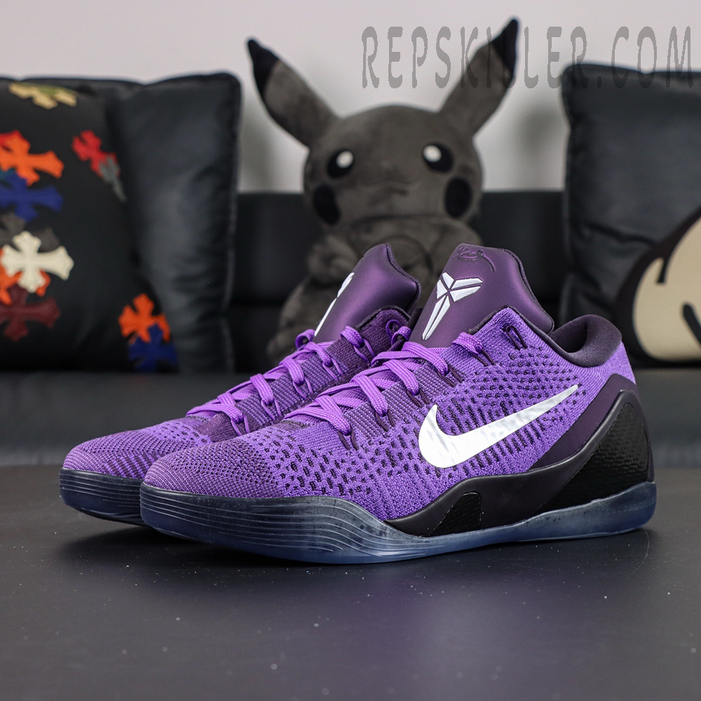 Nike Kobe 9 Elite Low Protro “Moonwalker” basketball shoes, front-side view with purple Flyknit upper and silver Swoosh