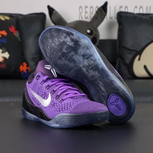Nike Kobe 9 Elite Low Protro “Moonwalker” basketball shoes, outsole-up view with translucent blue rubber outsole and wave traction pattern