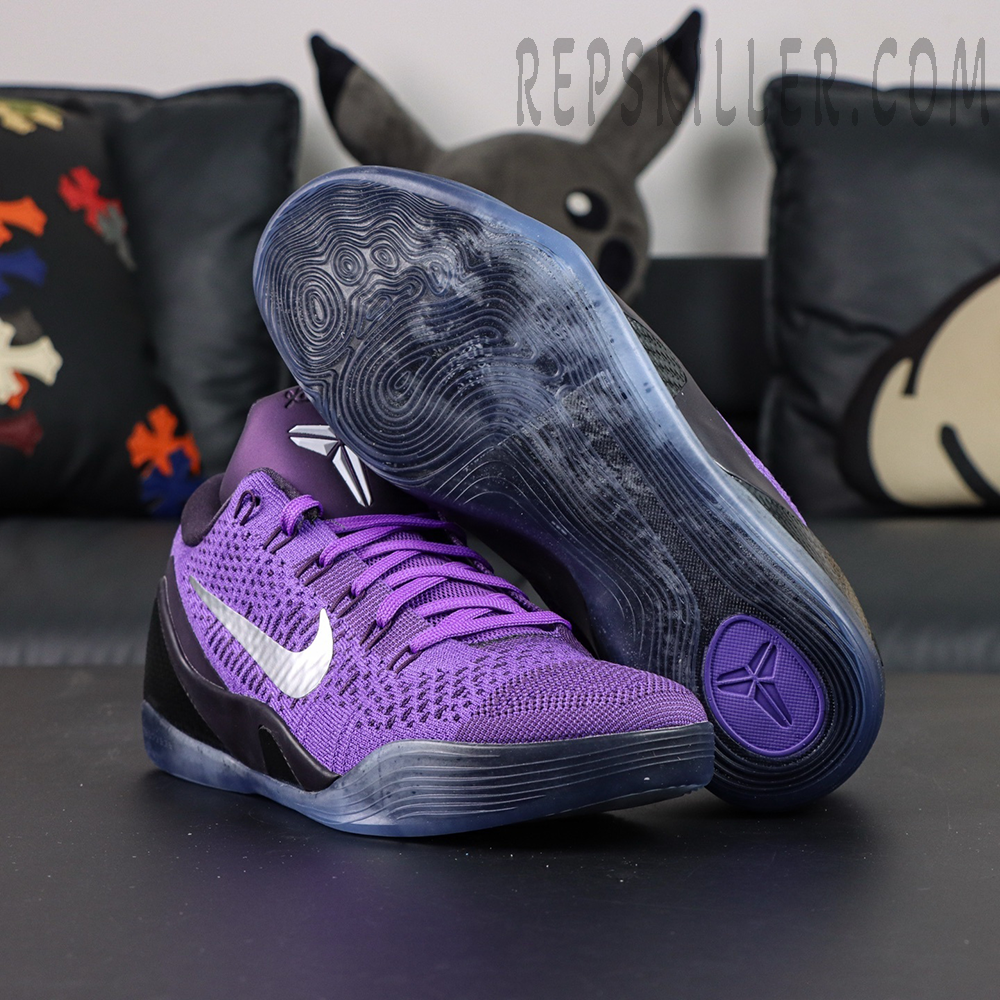 Nike Kobe 9 Elite Low Protro “Moonwalker” basketball shoes, outsole-up view with translucent blue rubber outsole and wave traction pattern