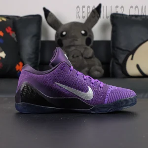 Nike Kobe 9 Elite Low Protro “Moonwalker” basketball shoes, medial side view with silver Swoosh and purple-black midsole