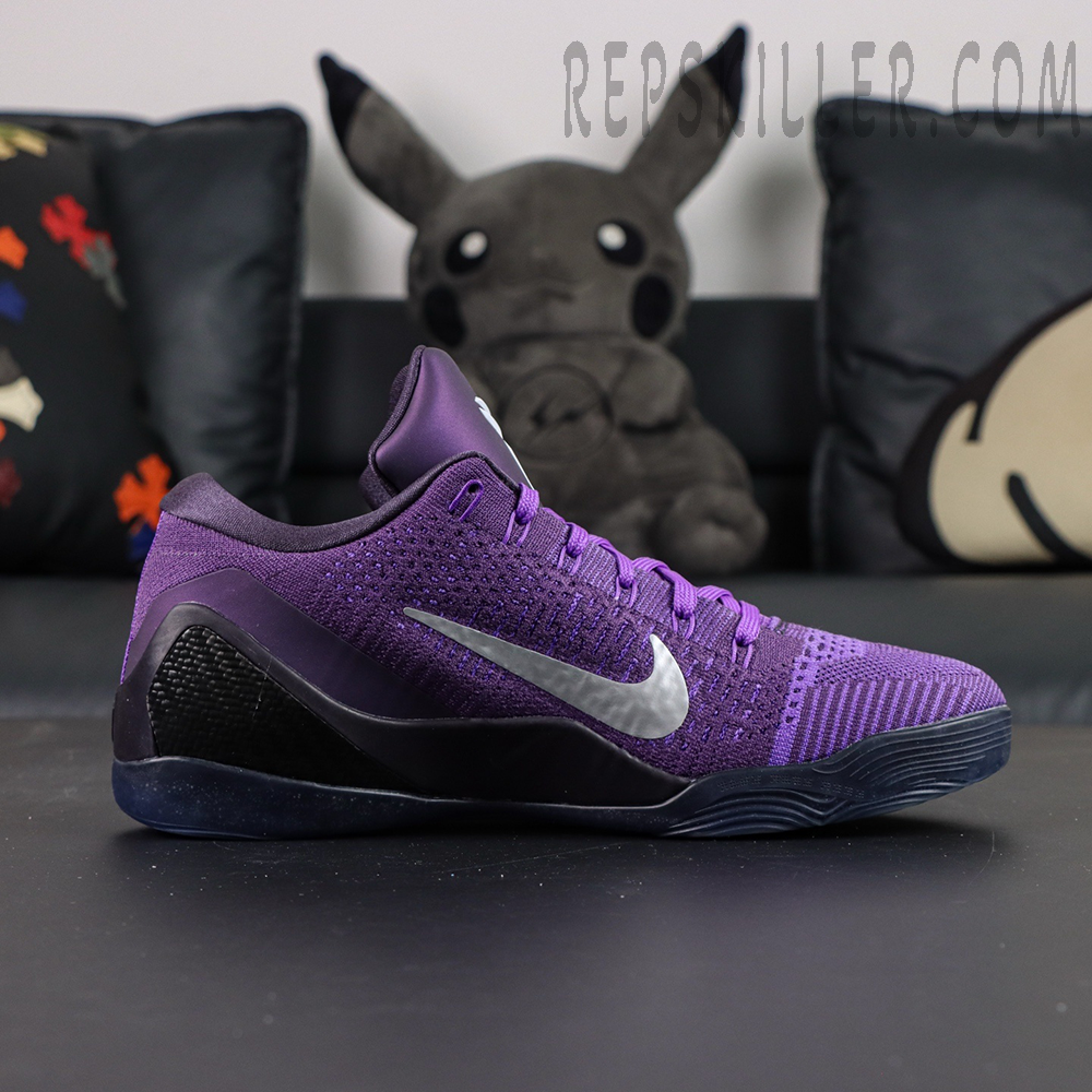 Nike Kobe 9 Elite Low Protro “Moonwalker” basketball shoes, medial side view with silver Swoosh and purple-black midsole