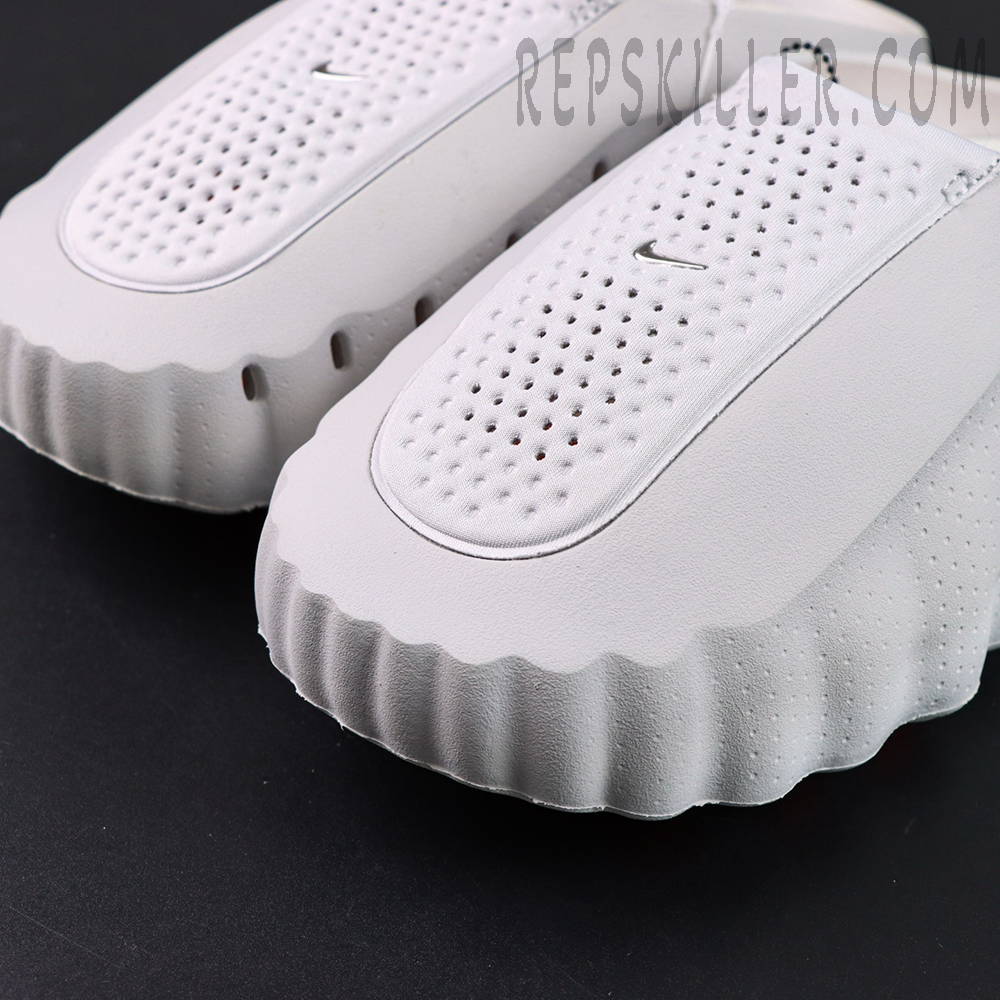 Nike Mind 001 Mule “Light Smoke Grey” mule shoes, toe box close-up with perforated upper and Swoosh detail