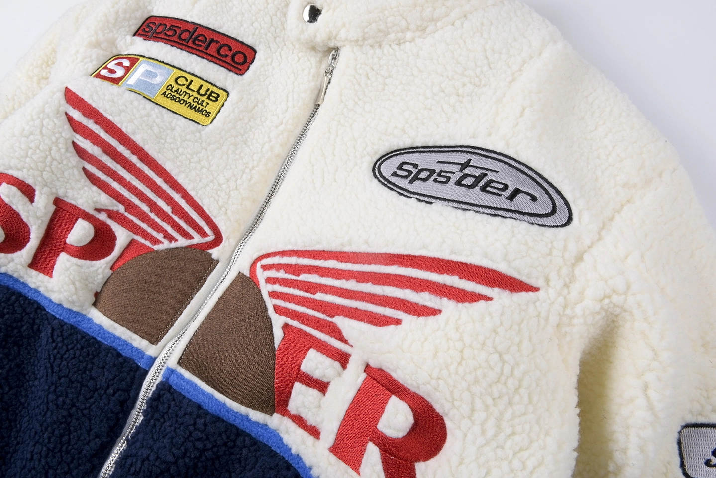 Sp5der Cream Navy Wing Racing Sherpa Jacket13
