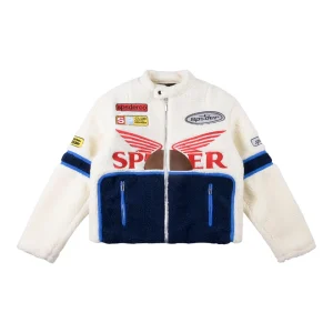 Sp5der Cream Navy Wing Racing Sherpa Jacket Front view
