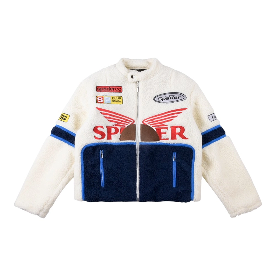 Sp5der Cream Navy Wing Racing Sherpa Jacket Front view