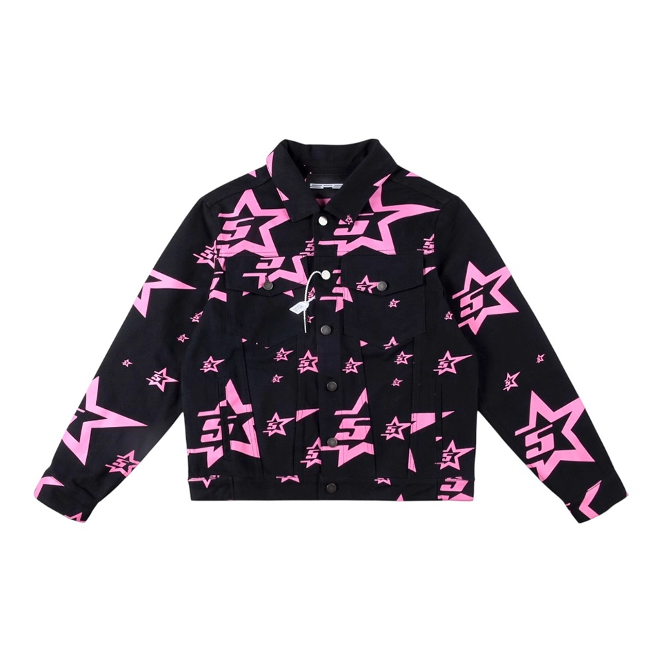 Sp5der Midnight Pinkstar Allover Trucker Jacket Front view