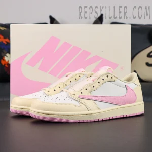 Travis Scott x Air Jordan 1 Low Muslin Pink sneakers displayed with original Nike shoebox