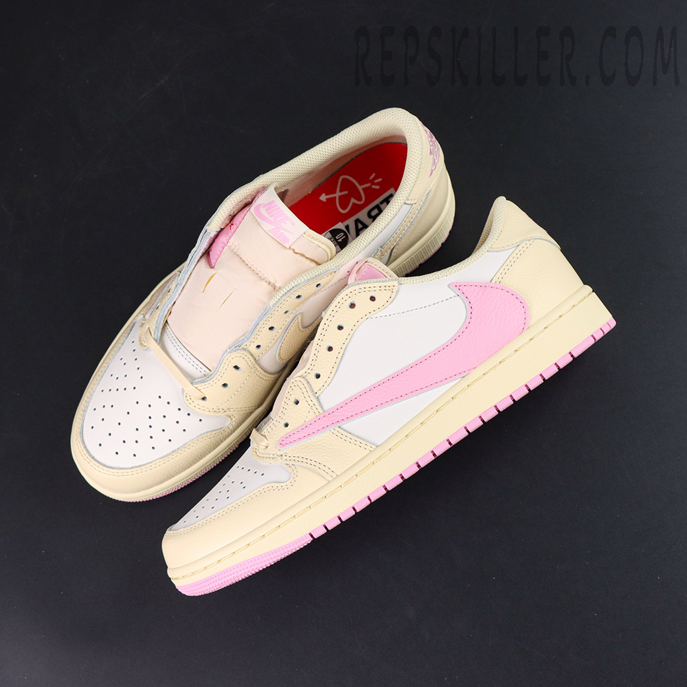 Travis Scott x Air Jordan 1 Low Muslin Pink sneakers, top-down view highlighting reverse Swoosh design