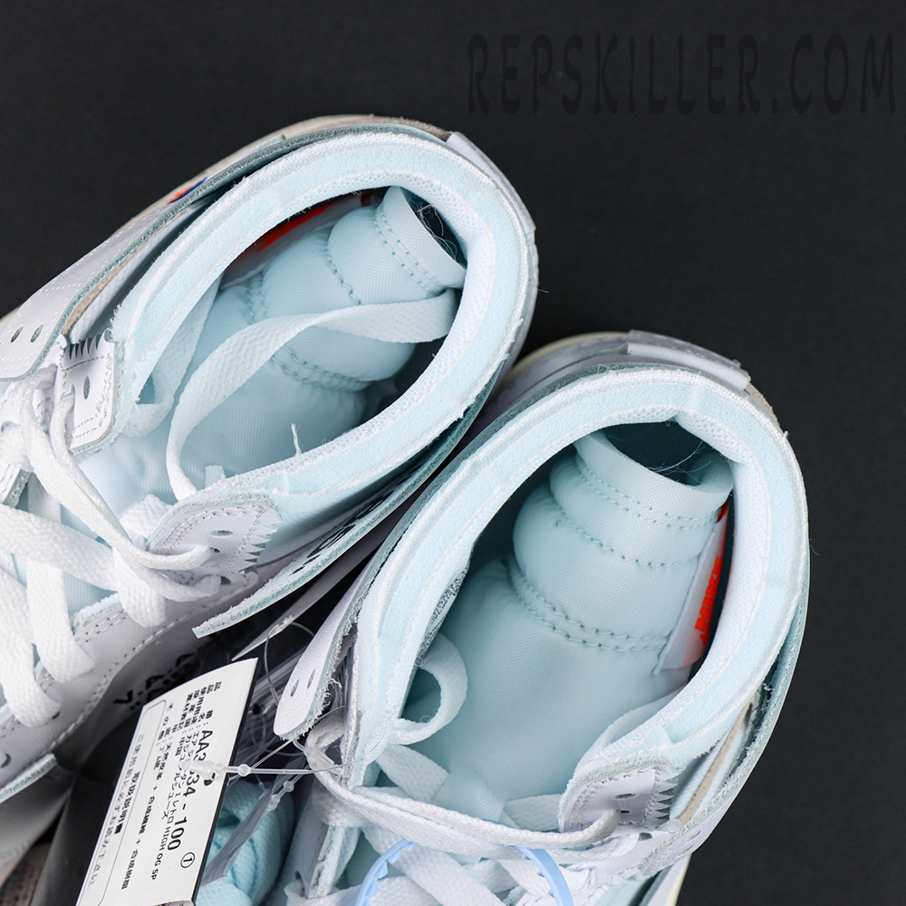 Virgil Abloh Archive x Jordan 1 High OG “Alaska” sneakers, top-down view showing padded tongue and Nike Air label