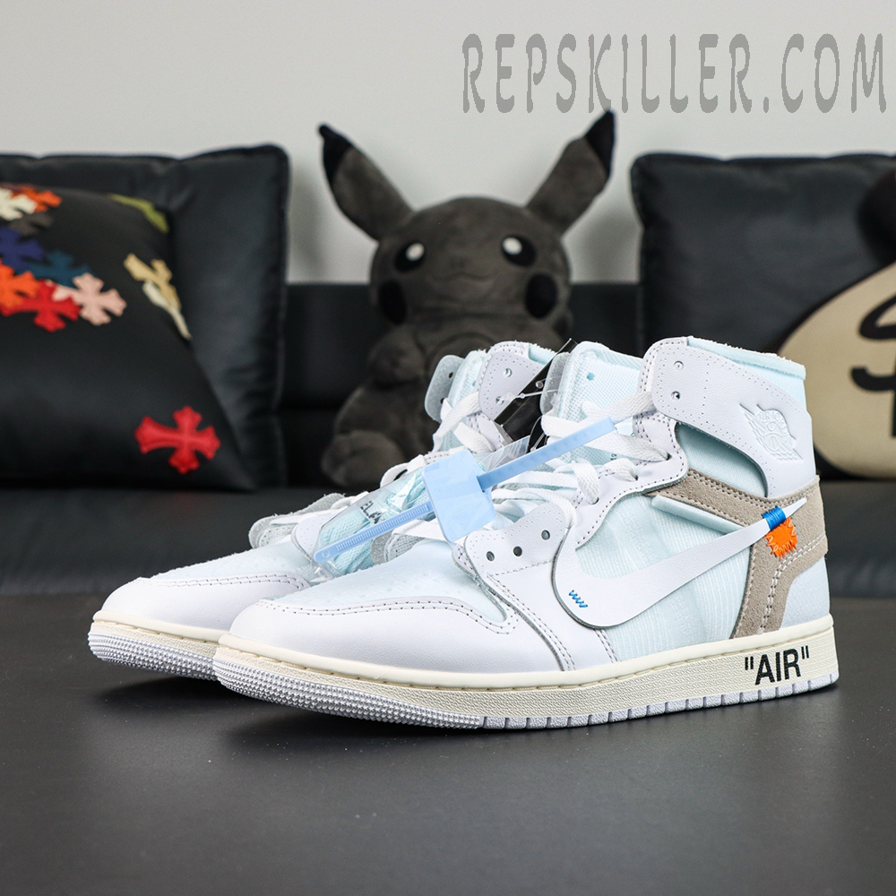 Virgil Abloh Archive x Jordan 1 High OG “Alaska” sneakers, side detail close-up with Air Jordan Wings logo and exposed stitching