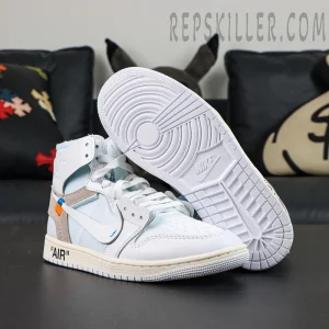 Virgil Abloh Archive x Jordan 1 High OG “Alaska” sneakers, outsole close-up showing black rubber traction pattern and Nike branding