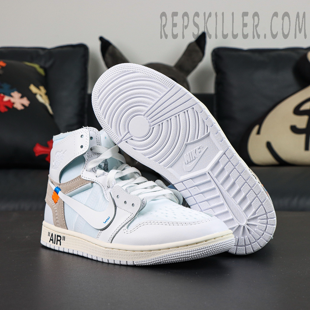 Virgil Abloh Archive x Jordan 1 High OG “Alaska” sneakers, outsole close-up showing black rubber traction pattern and Nike branding