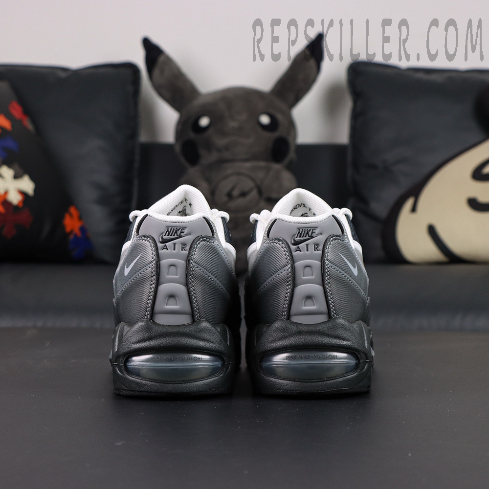 Yu-Gi-Oh! x Nike Air Max Muscle 95 Jonouchi collaboration, rear view with grey-black colorway and Nike Air heel support