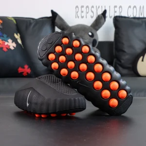 Nike Mind 001 “Black” clogs outsole view featuring multiple orange cushioning pods
