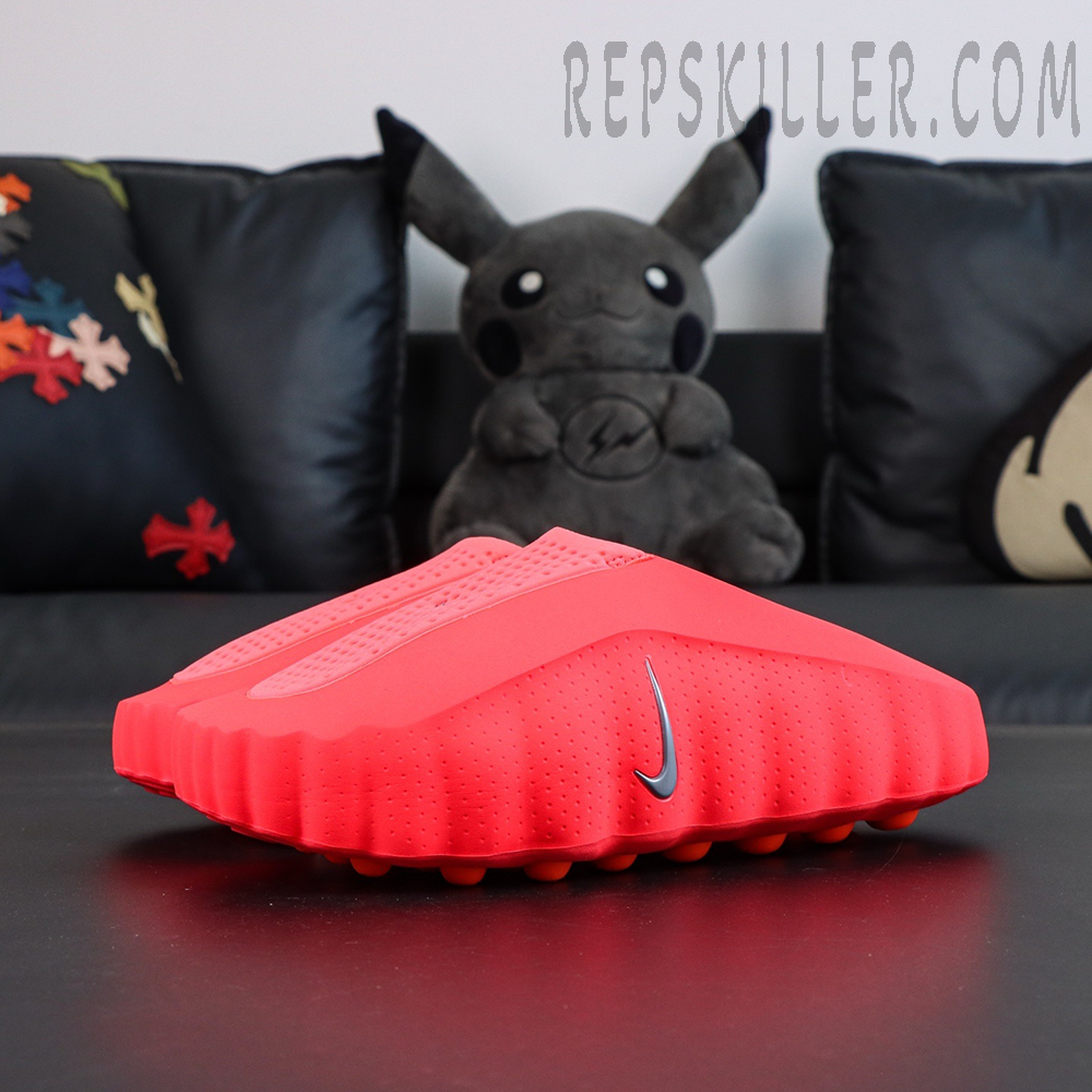 Nike Mind 001 Mule “Solar Red” front-side angle with minimal design and bold color