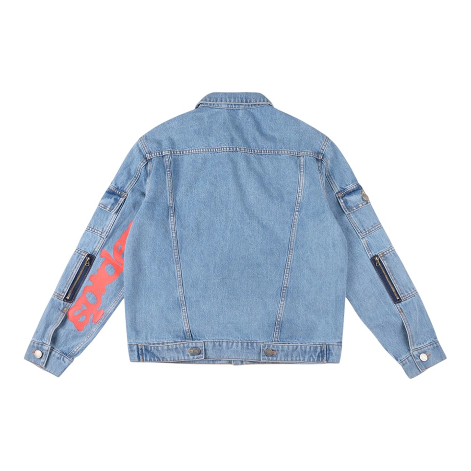 Sp5der Light Blue Red Logo Denim Jacket Back view