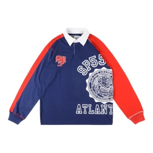 Sp5der Navy Red Panel Graphic Rugby Polo Shirt Front view