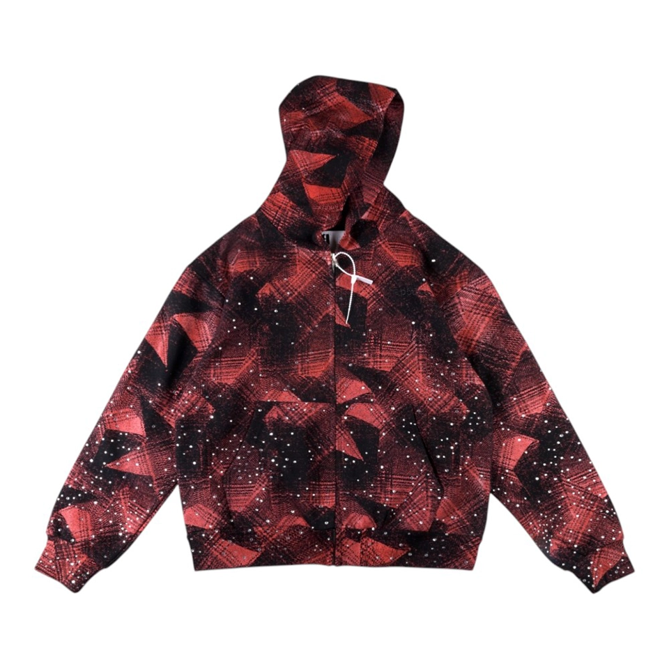 Sp5der Red Black All-Over Print Zip Hoodie Front view