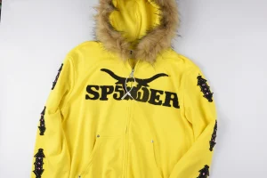 Sp5der Yellow Fur Hood Logo Zip Hoodie10