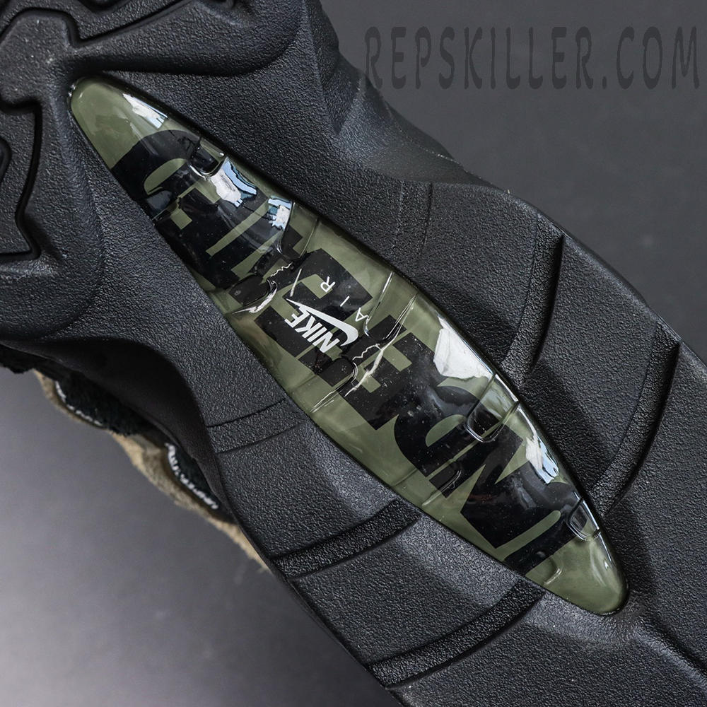 Undefeated x Nike Air Max 95 “Medium Olive” sneakers, outsole Air unit close-up with camouflage pattern detail
