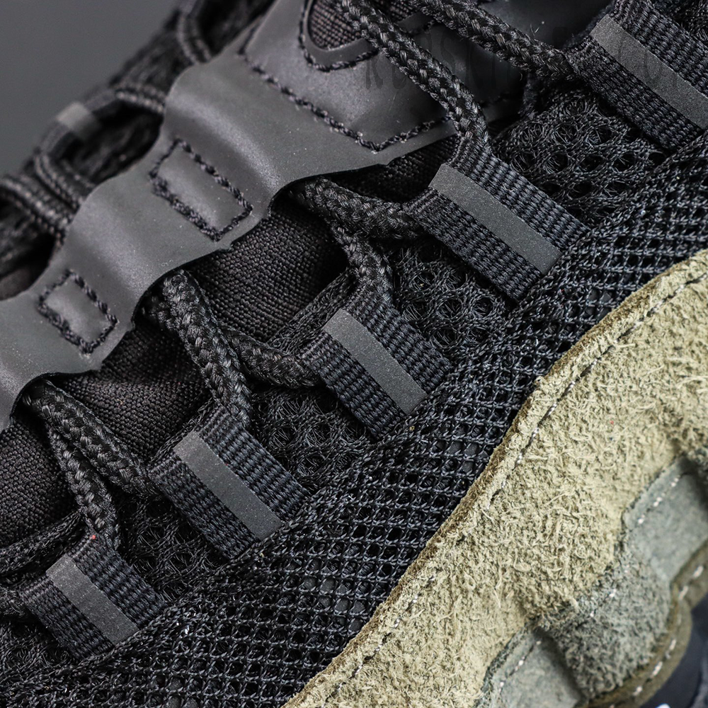 Undefeated x Nike Air Max 95 “Medium Olive” sneakers, upper material close-up showing mesh and suede textures